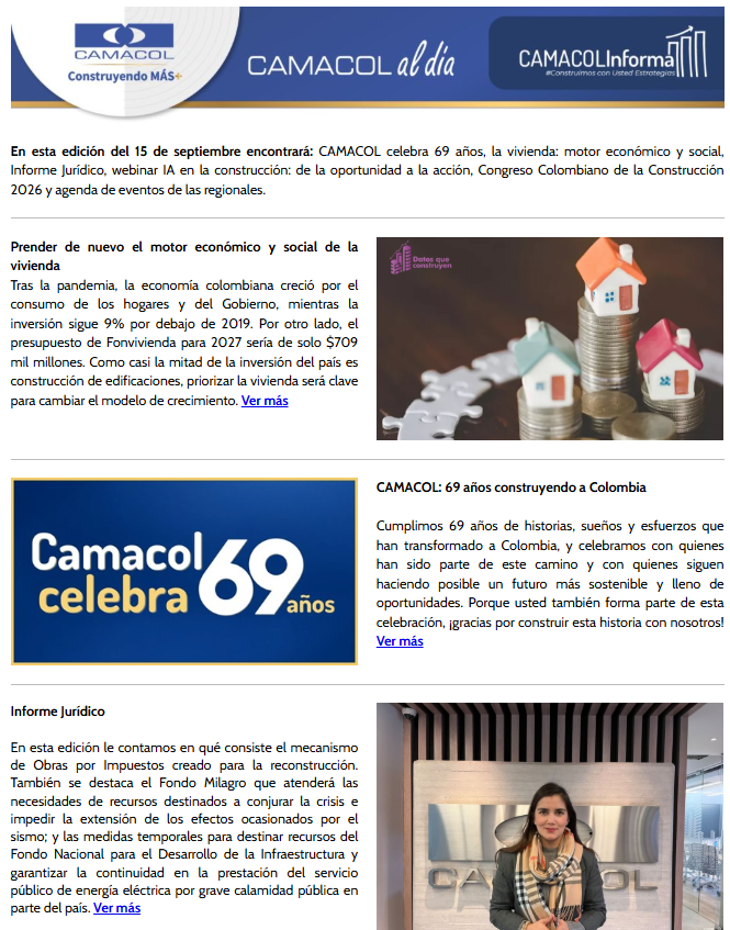 Newsletter, Camacol al día, Septiembre 15 de 2026