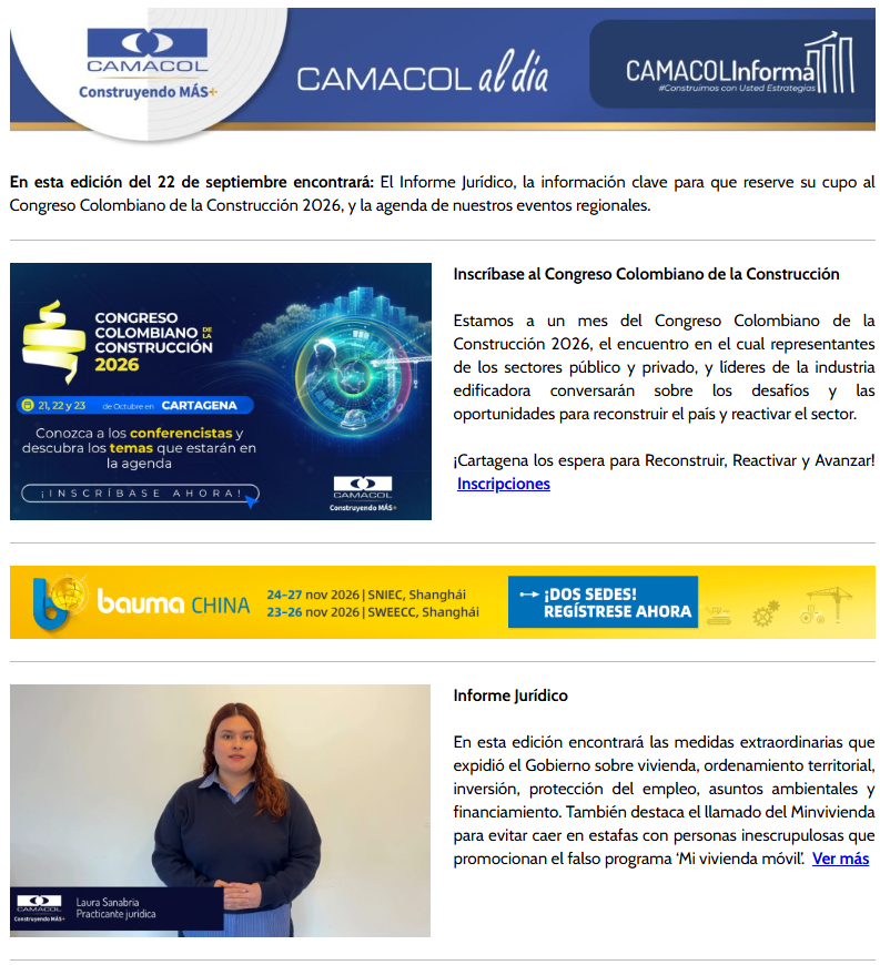 Newsletter Camacol al día 22 de septiembre de 2026